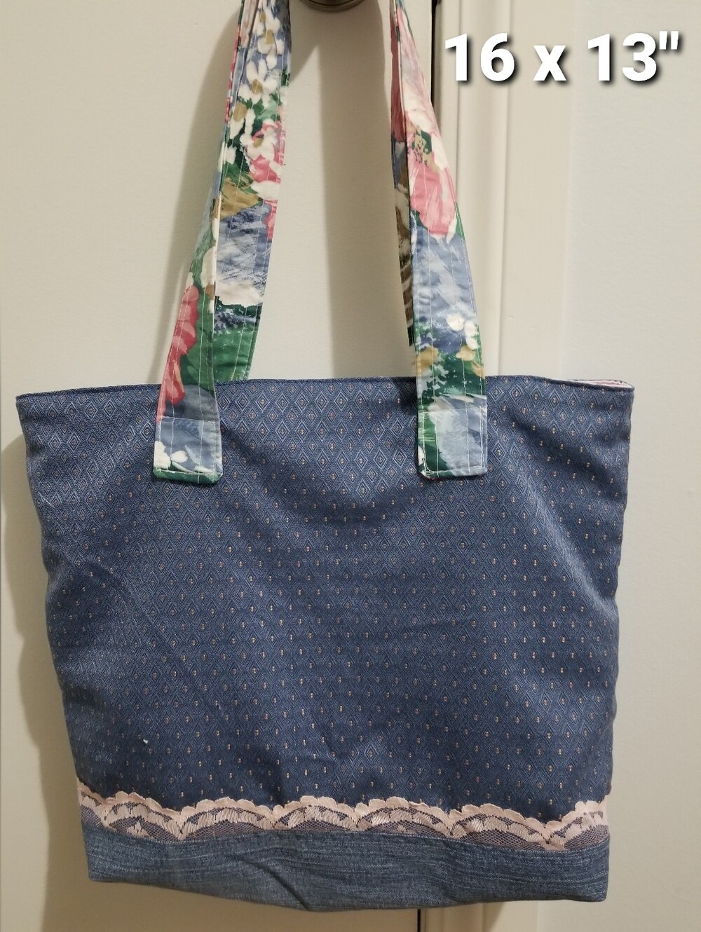 Handbag, Shoulder Tote Bag Fabric Purse Country Denim Blue Lace Pink Nwtag
